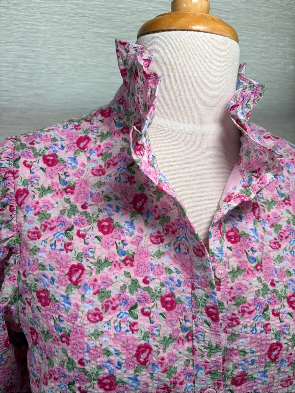 Hyacinth House Ditz Pink Floral Maxi Button Front Dress with Ruffled Collar - Picture 2 of 9
